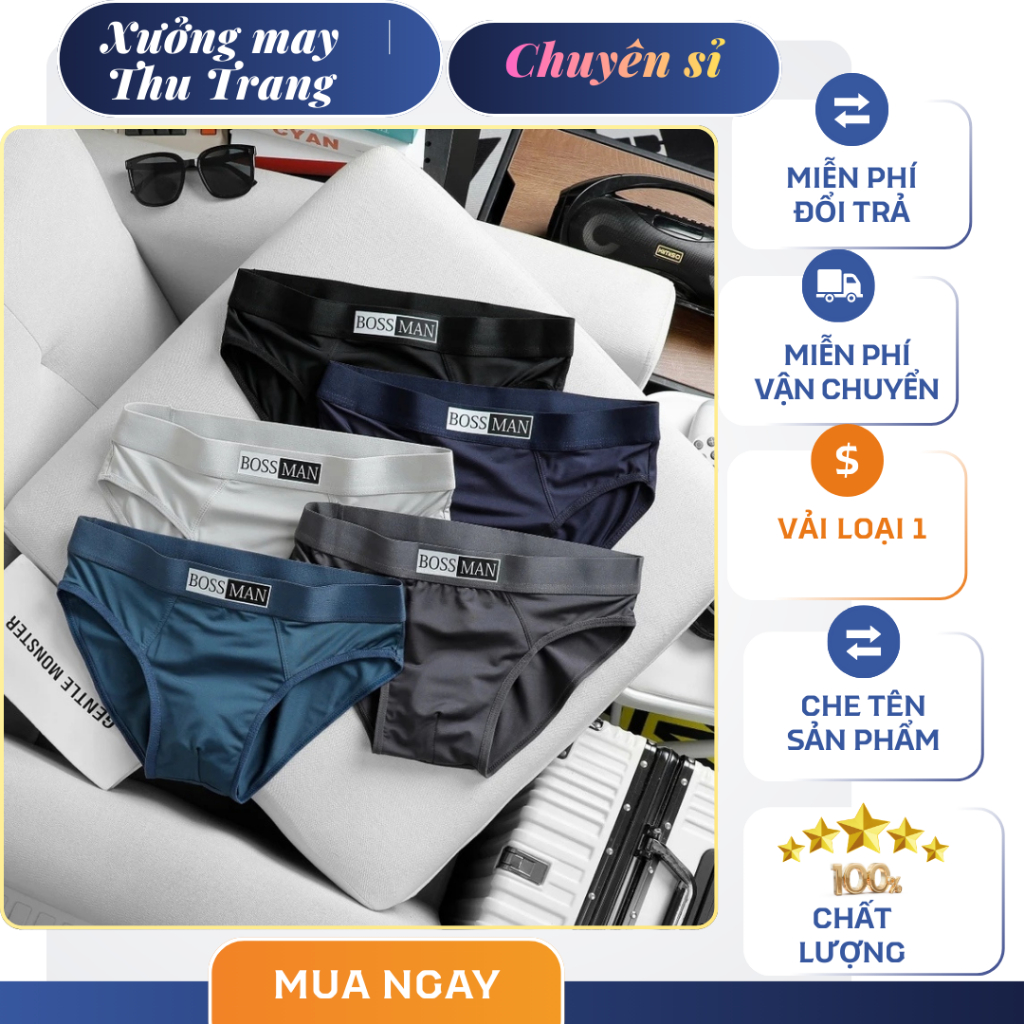 Quần Sịp Nam Tam giác Boss Man in giữa mẫu sịp cao cấp, Quần sịp xì nam thun lạnh co dãn 4 chiều thấ