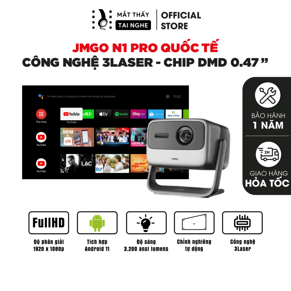 JMGO N1 Pro Quốc tế - Máy chiếu thông minh tích hợp Android TV 11, độ phân giải Full HD 1920x1080p, 