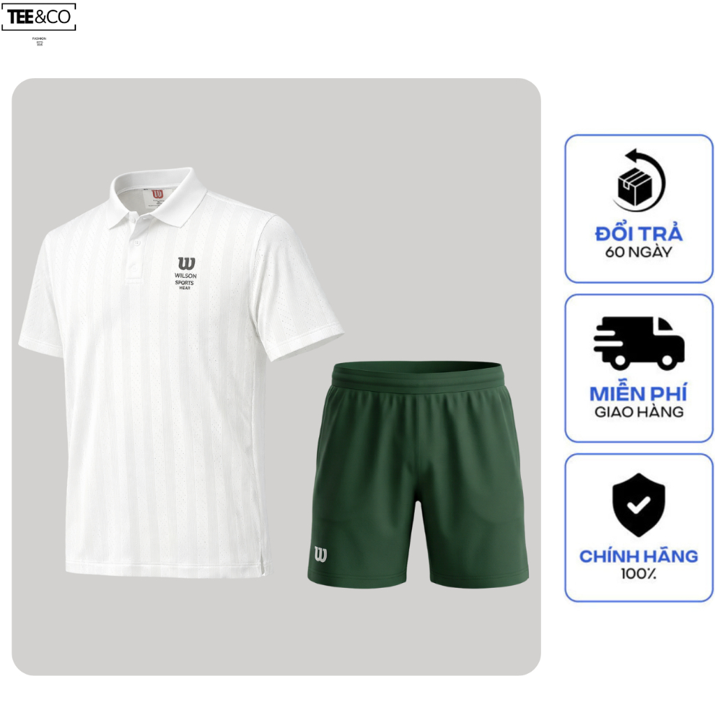 Set Đồ Thể Thao WILSON Pickleball Cao Cấp – Áo Polo Sọc Chìm Thể Thao & Quần Short Thoáng Khí, Thấm 
