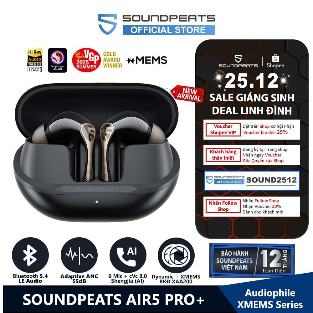 Tai nghe True Wireless SoundPEATS Air5 Pro+ Adaptive ANC 55dB | Loa Kép xMEMS | Bộ Đôi Hires LDAC APTX | Bluetooth 5.4 | BigBuy360 - bigbuy360.vn