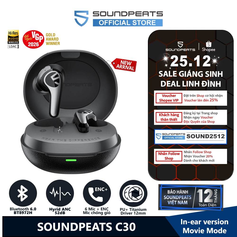Tai Nghe True Wireless SoundPEATS C30 Hyrid ANC 52dB | Driver PU Titanium | 6 Mic ENC+ | Hires LDAC | Bluetooth 6.0 | BigBuy360 - bigbuy360.vn