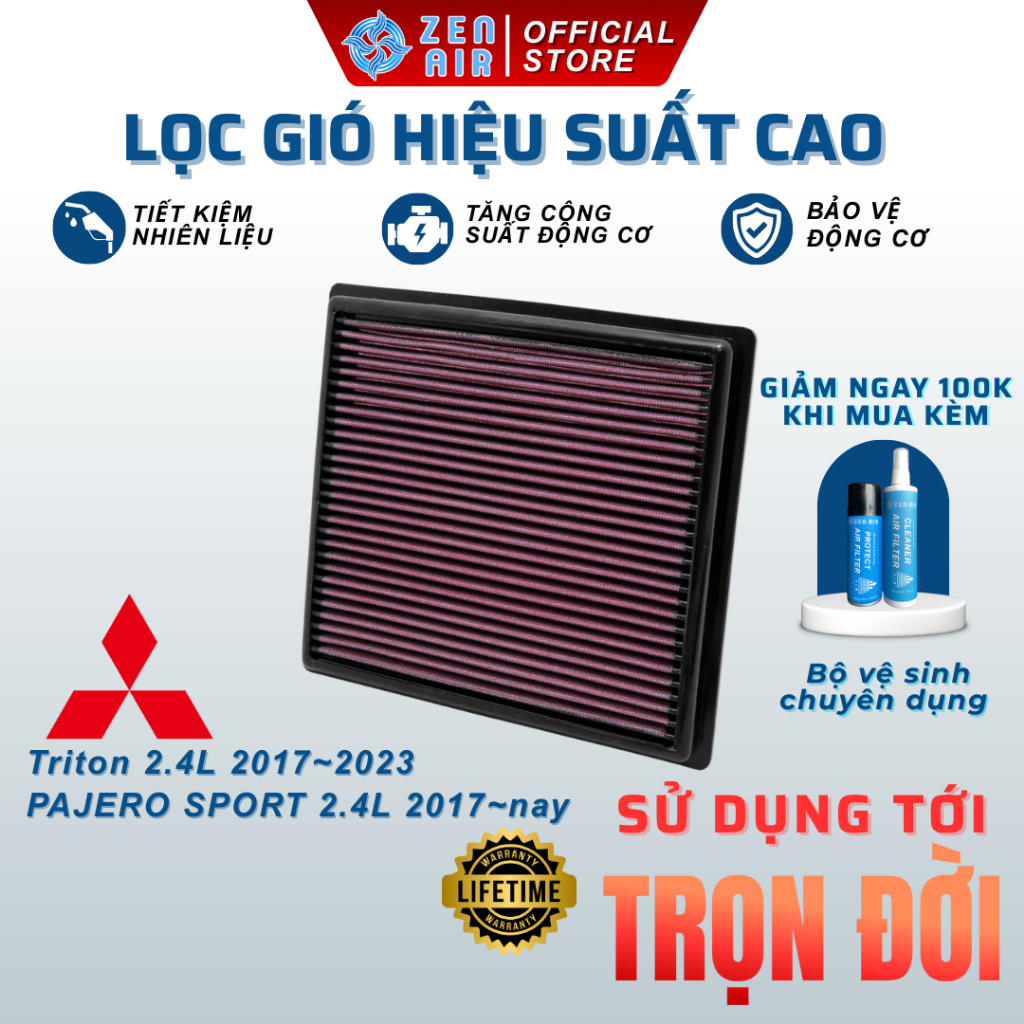Lọc gió động cơ Mitsubishi TRITON, PAJERO SPORT hiệu suất cao Zen Air | Dùng trọn đời