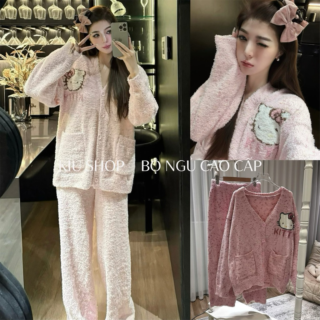 [HOẢ TỐC] Bộ ngủ mèo hồng nỉ bông cừu cao cấp, dày dặn mềm mại, mặc nhà, đi chơi, du lịch mùa đông ấ