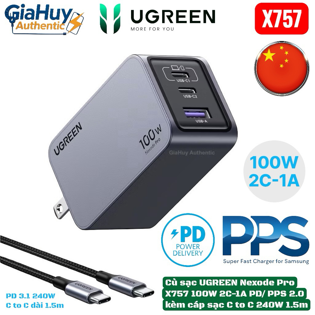 Củ sạc nhanh UGREEN Nexode Pro X757 100W 2C-1A PD 3.0/ PPS 2.0/ SCP kèm Cáp sạc C to C 100W dài 1.5m