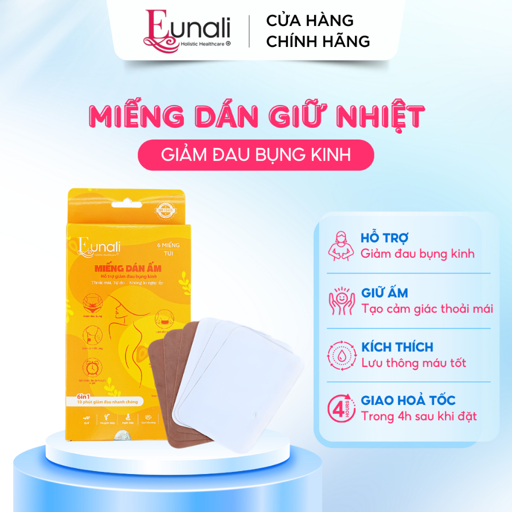 Miếng Dán Giữ Nhiệt Giảm Đau Bụng Kinh EUNALI – Túi 6 Miếng | Giảm Đau Nhanh, Ấm Bụng Lâu