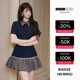  Đầm nữ BIGSIZE Banamo Sài Gòn váy cổ sơ mi cộc tay cúc đỏ đuôi váy xoè đính nơ tiểu thư 5340 