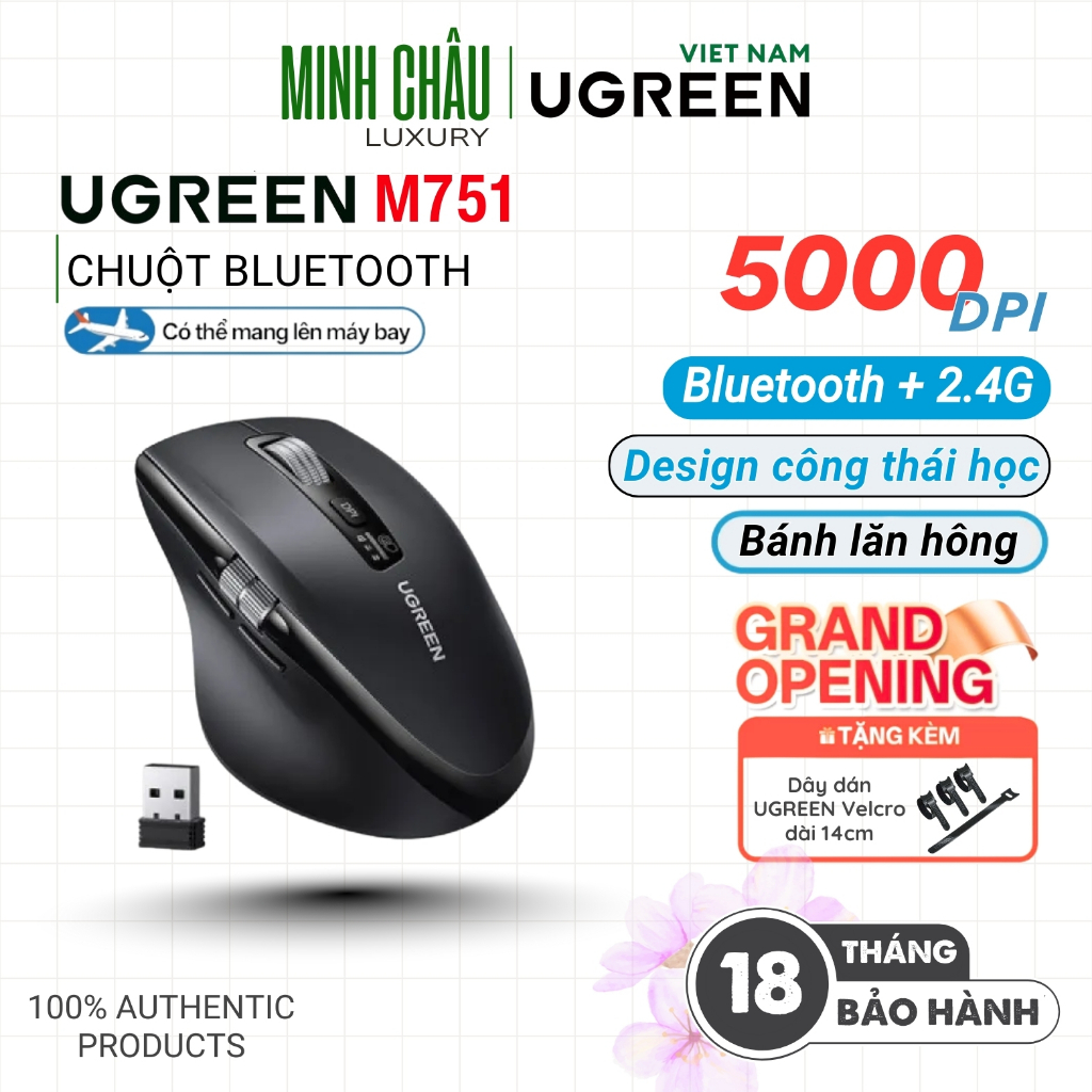 Chuột không dây cuộn vô cực siêu nhanh UGREEN M751 Bluetooth 5.4 2.4G Công thái học 5000DPI | 45792 