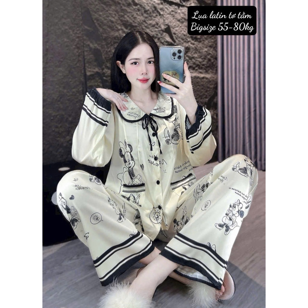 Đồ bộ mặc nhà nữ lụa latin to tằm bigsize 55–80kg, tay dài, quần dài, cổ bèo dễ thương