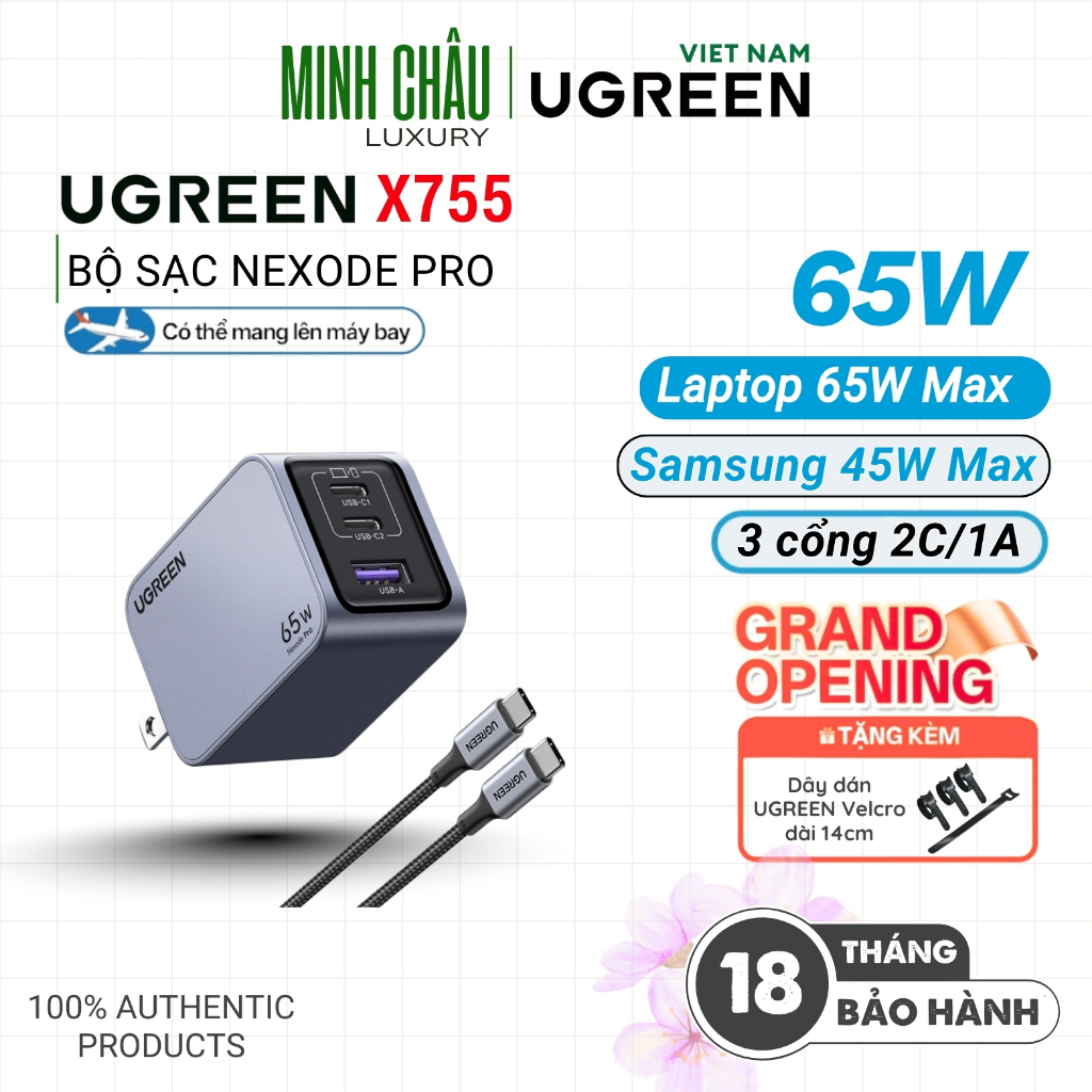 Bộ sạc nhanh NexodeGaN Pro 65W/100W UGREEN X755 X757 | Sạc nhanh đồng thời 3 Cổng | Samsung PPS 45W 