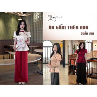   CÓ BIGSIZE  Set áo gấm hoa thêu kèm quần lụa đen trẻ trung  sang chảnh   M092   