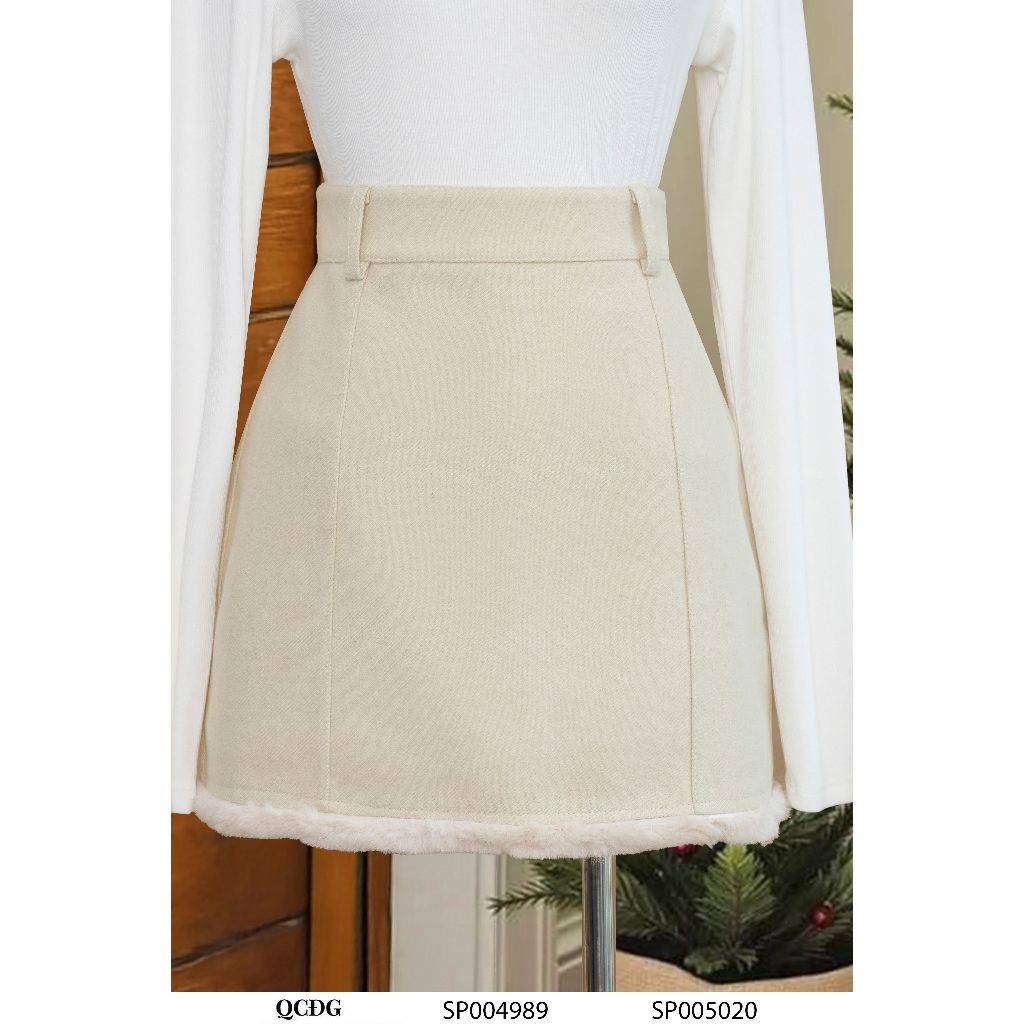 Chân váy dạ dáng chữ A ngắn viền lông form basic dễ phối mặc đi chơi màu be, ghi QCĐG SP005020,SP005