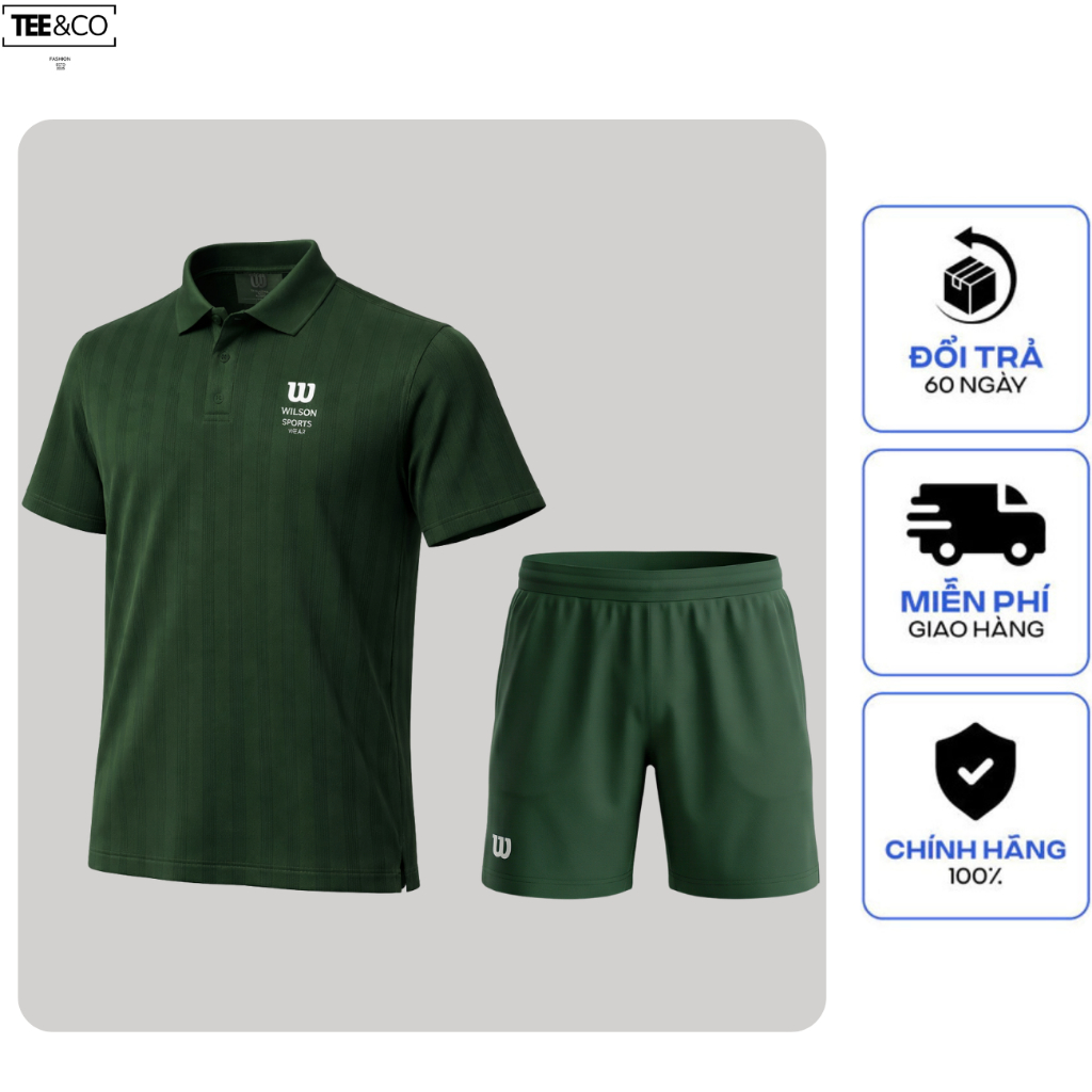 Set WILSON Pickleball Áo Polo Sọc Chìm Thể Thao + Quần Short, Thiết Kế Gọn Gàng, Thấm Hút Tốt