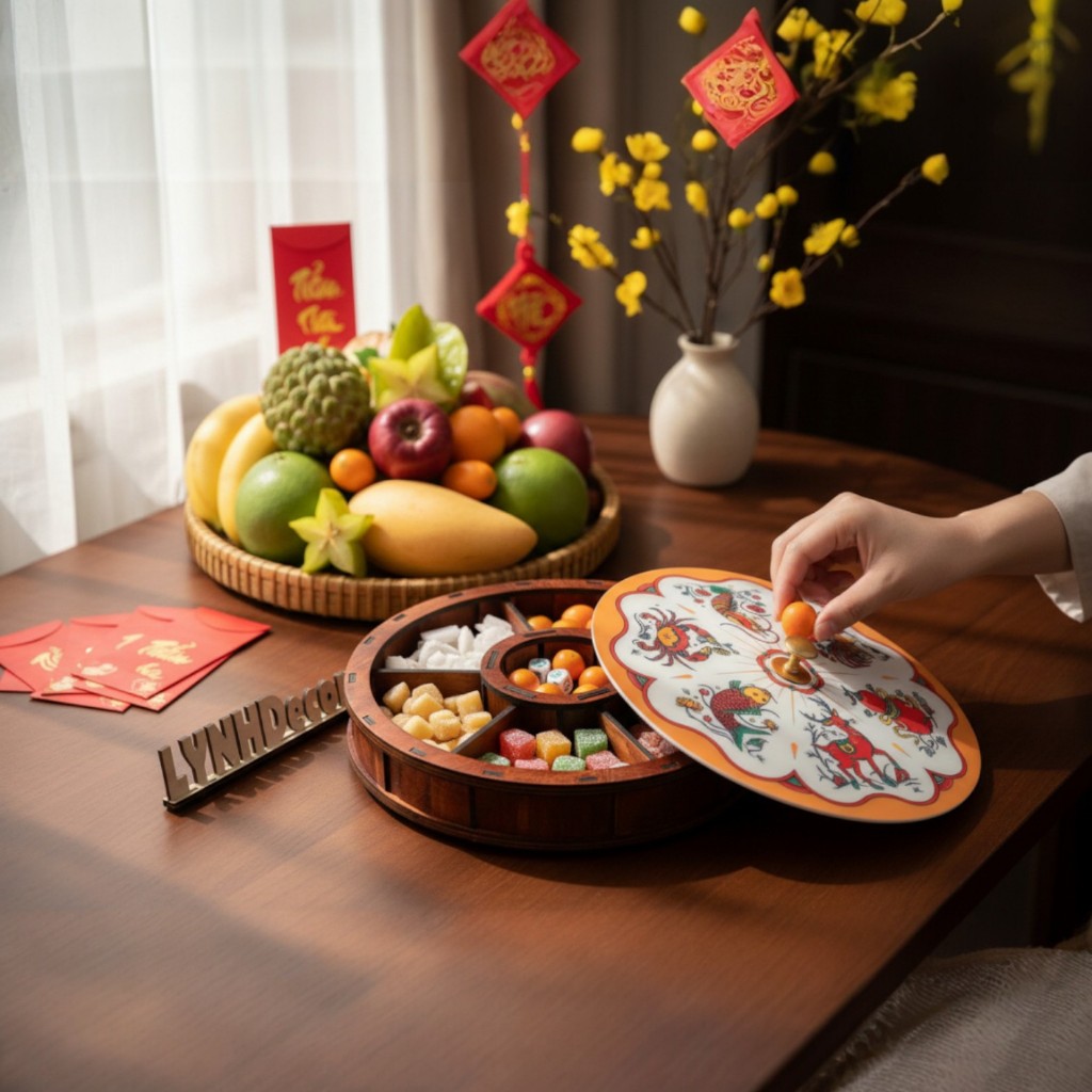 Khay Mứt Tết bằng gỗ plywood 5mm, nắp mica 3mm in UV Bộ Bầu Cua | Lynhdecor Free in tên,logo