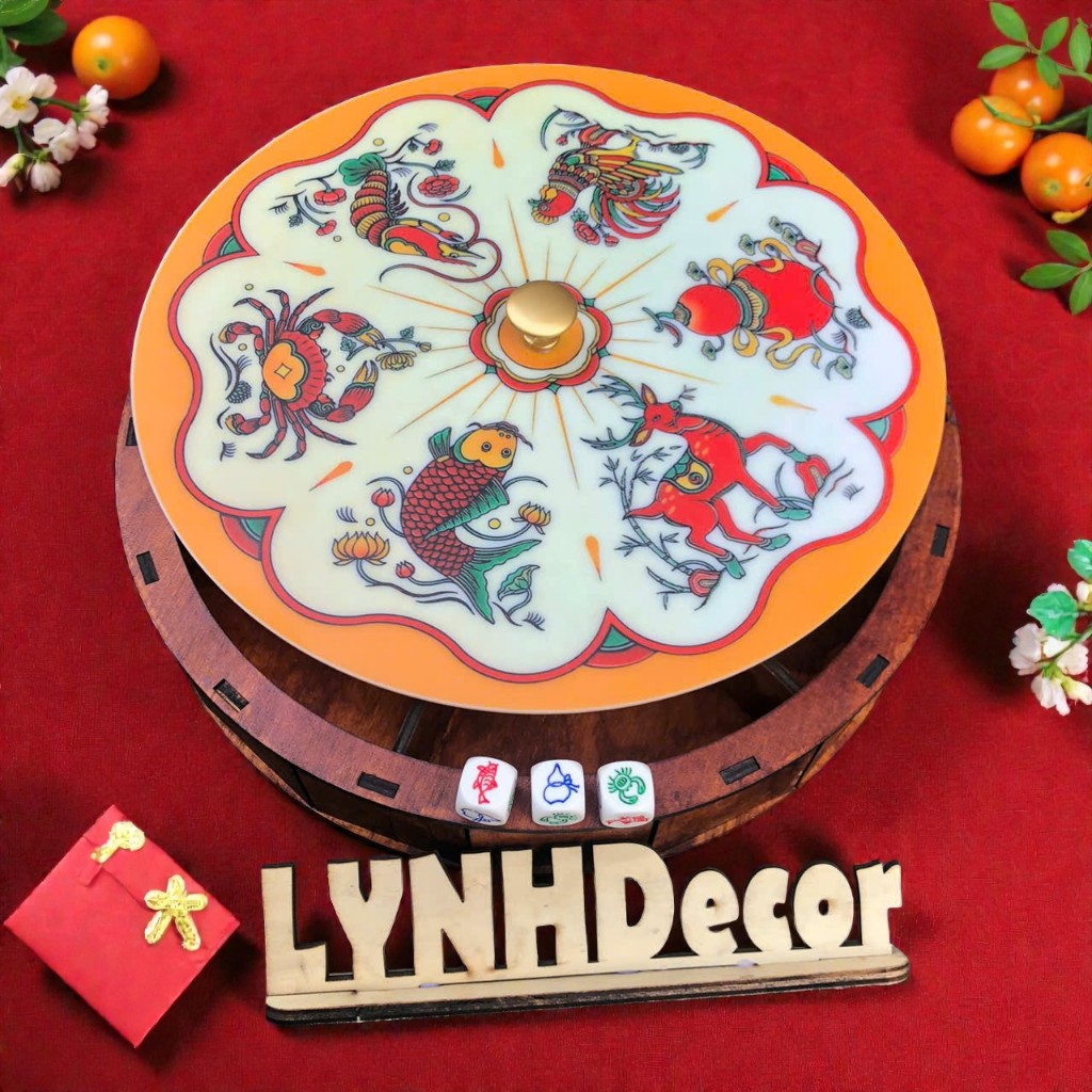 Khay Gỗ Đựng Bánh Kẹo,Mứt Tết | Gỗ Plywood 5mm,Nắp Mica In UV Bộ Bầu Cua |Lynhdecor Free in tên,logo