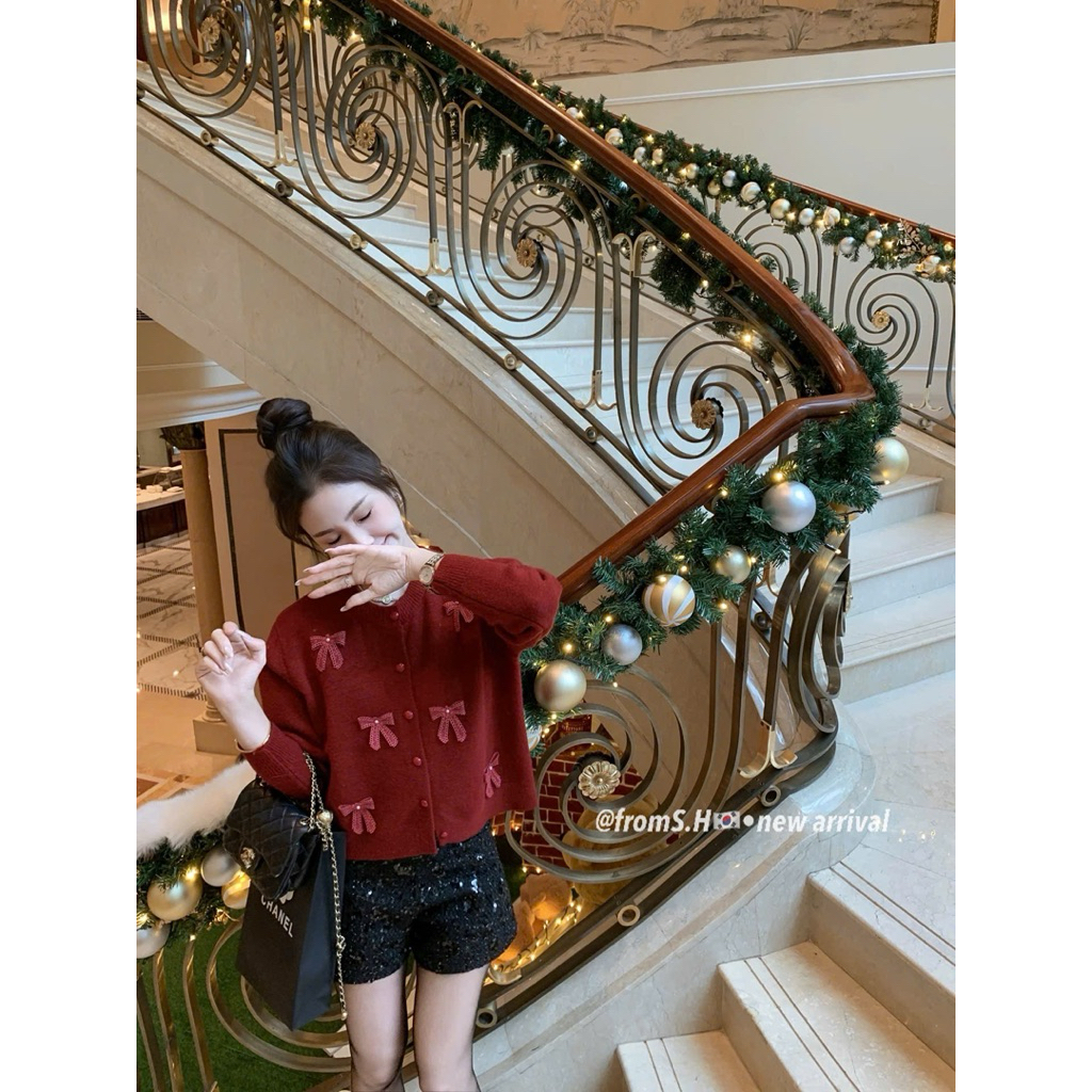 0115SH9165 Áo cdg len đính nơ  -"𝐇𝐀.𝐇𝐈 𝘄𝗲𝗮𝗿"áo len cdg nơ cúc bọc nổi bật