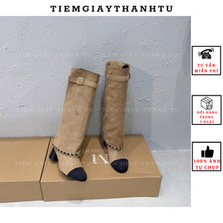 C0807-8 MIJILI Bốt đùi nữ da lộn viền xích cổ rộng phối đai khuy hàng  QCCC