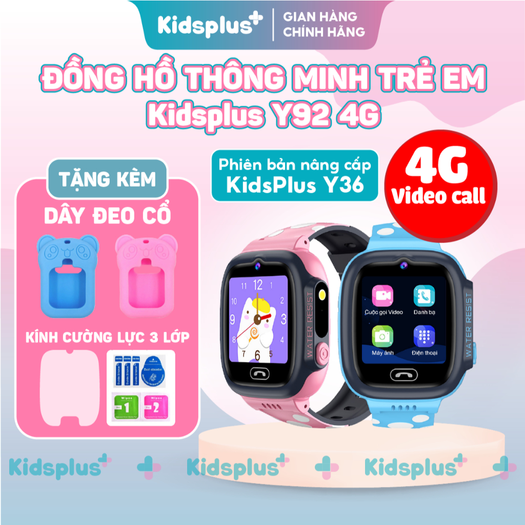 [TẶNG KÍNH CƯỜNG LỰC + DÂY ĐEO CỔ] Đồng hồ thông minh trẻ em Kidsplus Y92 4G 2026 lắp sim nghe gọi h