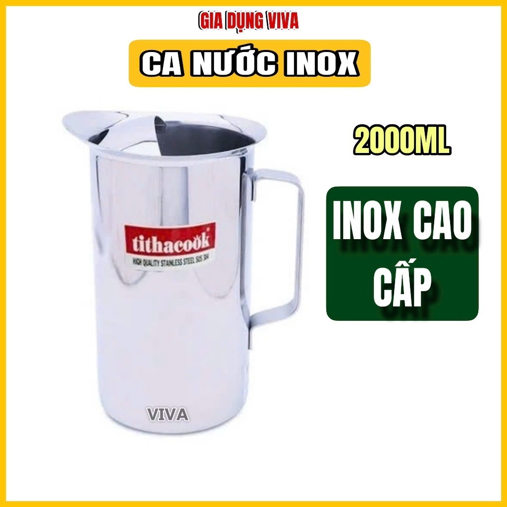 Ca inox 304 TITHACOOK, ca nước inox cao cấp có nắp và không nắp loại lớn 2 lít VIVA
