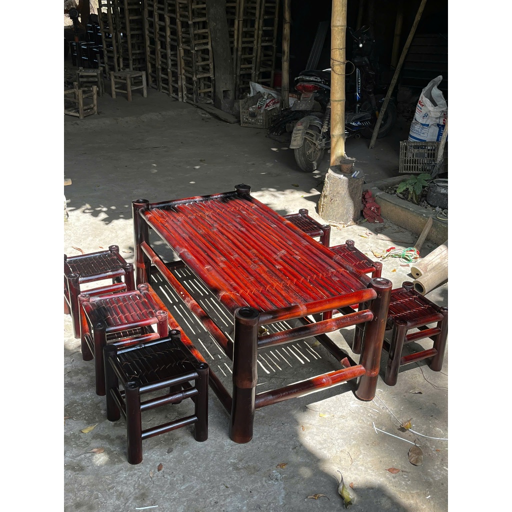 Bàn ghế tre 1 bàn 6 ghế đôn - Kích thước bàn 60X120 cao 50, ghế 30X30X30