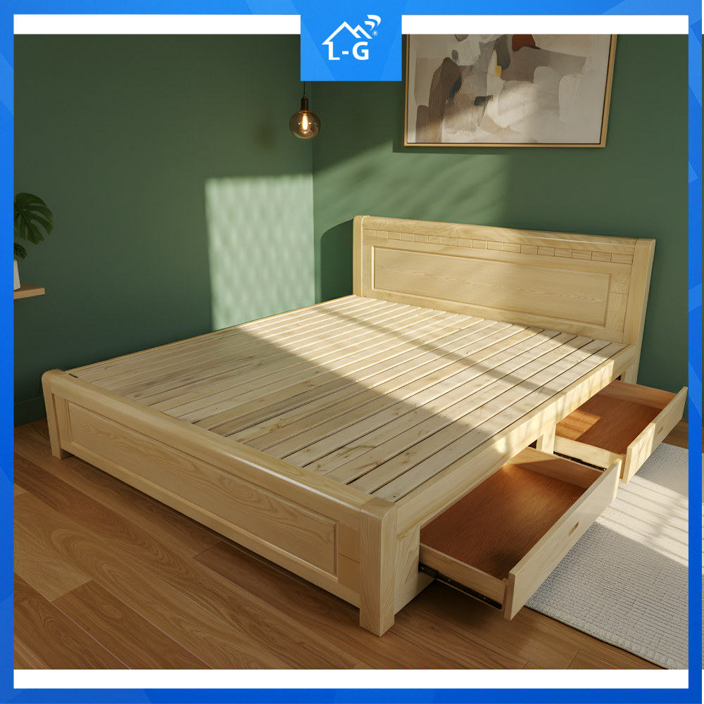 [HỎA TỐC HCM] Giường gỗ sồi tự nhiên - giường gỗ 2 hộc kéo 1m6x2m