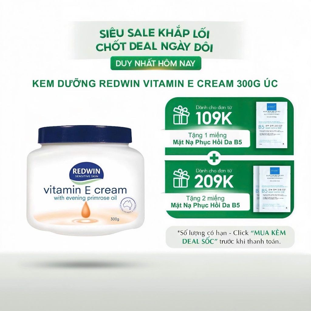Kem dưỡng Redwin Vitamin E Cream 300g Úc chính hãng giúp dưỡng ẩm, khô da, nứt nẻ