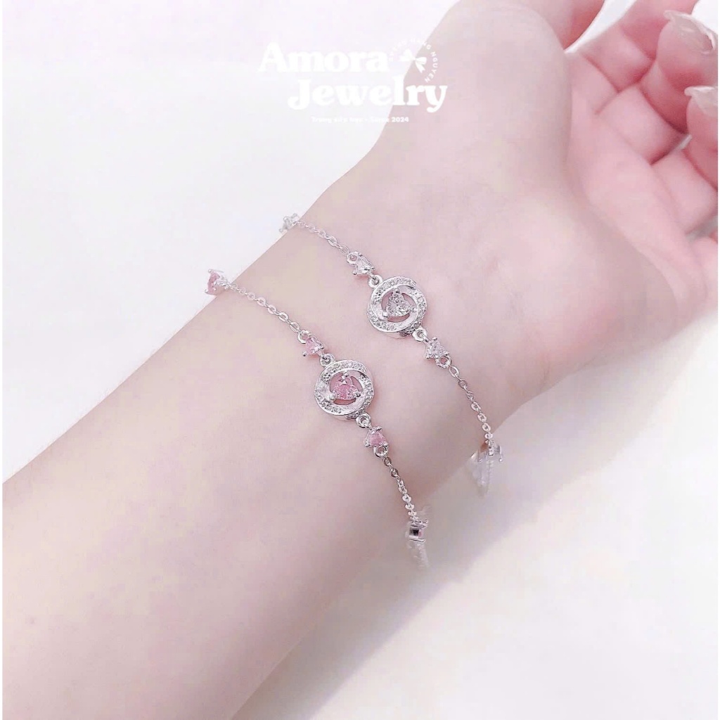 Dây chuyền & lắc tay mặt tròn tim đá AMORA bạc ta đá tim dễ thương AMORA JEWELRY BTS035