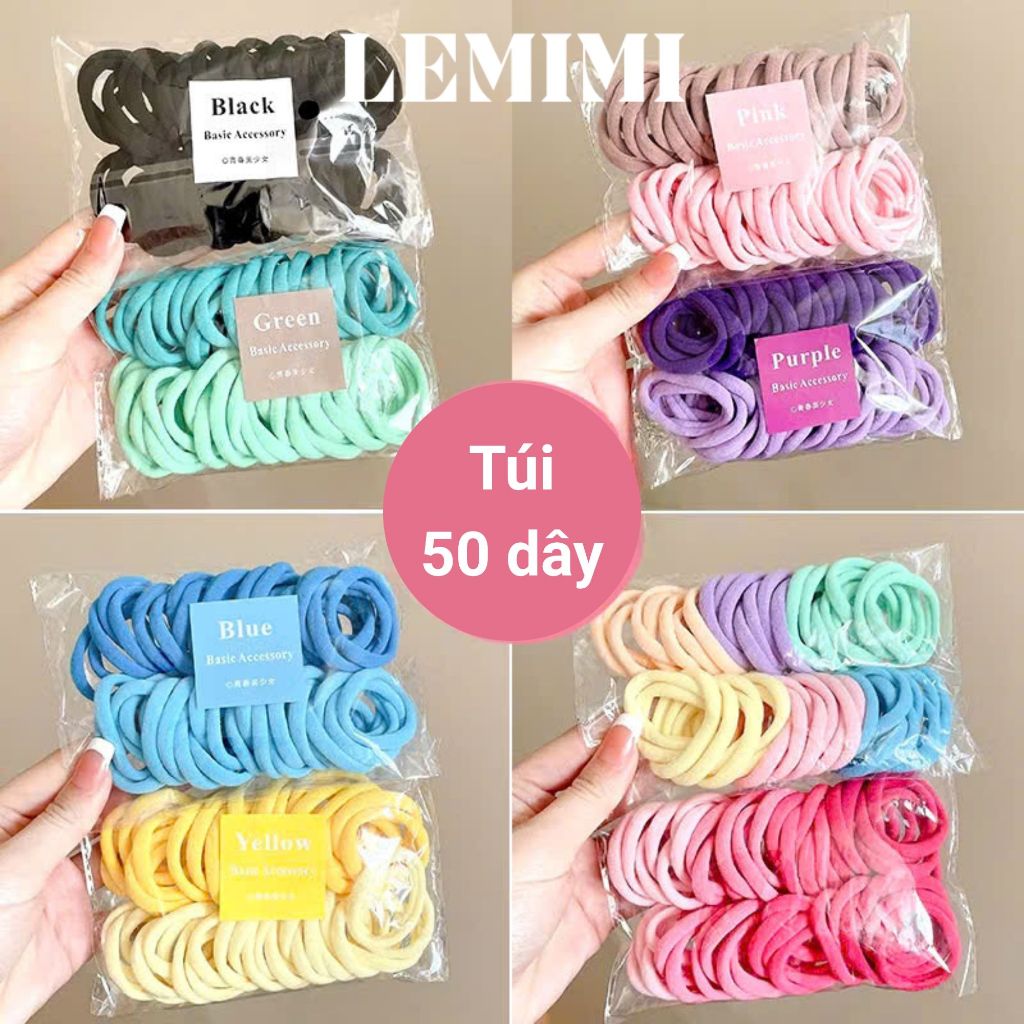 Set 50 dây cột tóc Lemimi Dây buộc tóc nữ phong cách Hàn Quốc Chun cột tóc nhiều màu xinh xắn PJ038