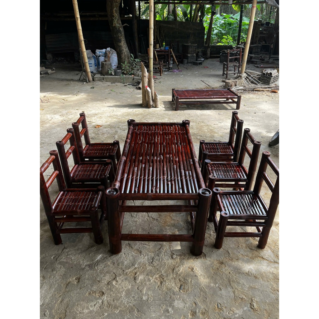 Bàn ghế tre 1 bàn 6 ghế tựa - Kích thước bàn 60X120 cao 50, ghế 30X30 cao 60