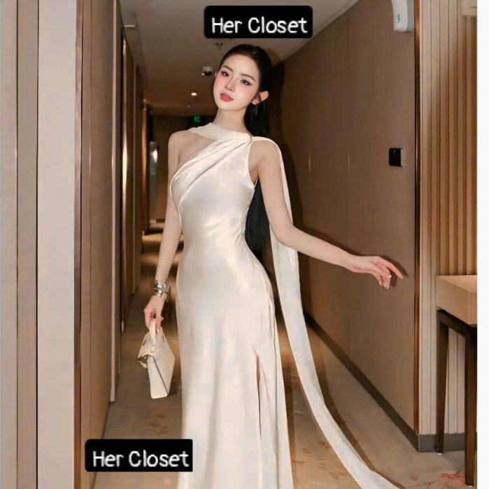 [VÁY THIẾT KẾ] Đầm lụa cổ yếm dáng dài hở lưng, đầm lụa bóng dự tiệc sang trọng quyến rũ, đầm đi tiệ