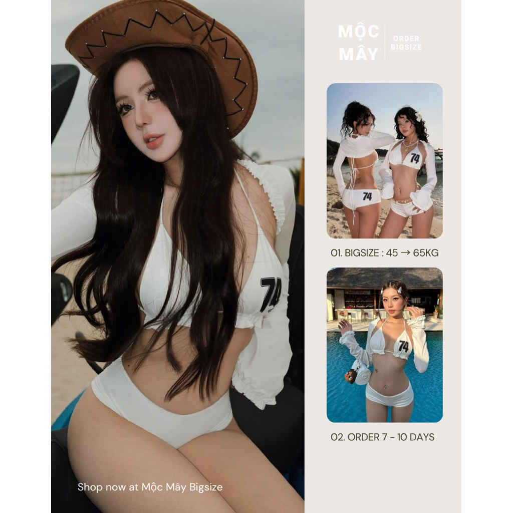Set bikini 3 món 2 mảnh tam giác Seventy Four 74 trắng áo khoác dài tay Croptop mix quần đùi cạp lỡ