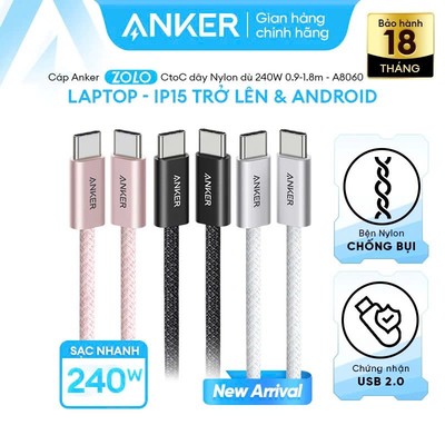[KHÔNG DÙNG CHO IP 14 TRỞ XUỐNG] Cáp sạc nhanh Anker Zolo USB-C to USB-C công suất 240W 1M, Chất liệu nylon - A8060