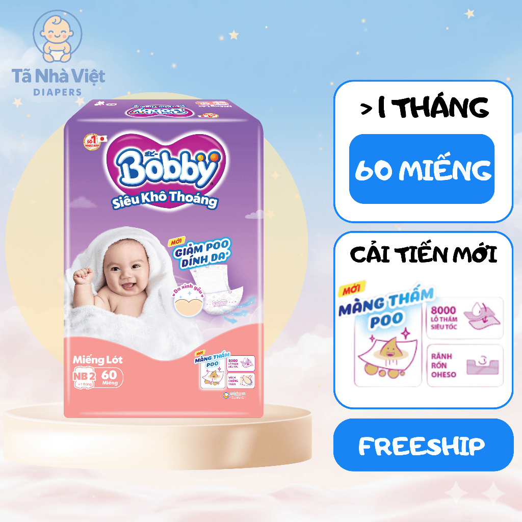 Miếng Lót Sơ Sinh Bobby NB2 60 Miếng Cotton Soft Thoáng Khí Chống Hăm Bé