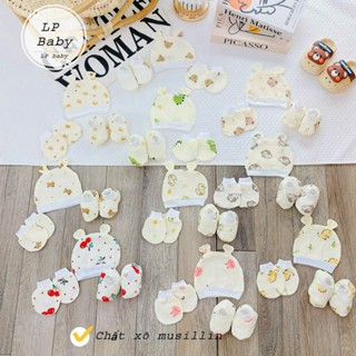 Sét Mũ Kèm Bao Tay Bao Chân Cho Bé Sơ Sinh Xô Muslin Mềm Mại, Thoáng Khí Họa Tiết Dễ Thương SM13