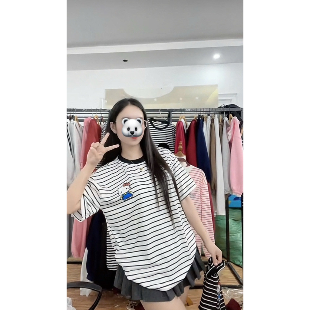Áo thun tay lỡ kẻ sọc in kitty habo - áo tay lỡ ( hàng sẵn giao ngay )
