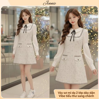  Váy dạ tweed tiểu thư phối tay sơ mi Đầm dạ nữ dáng chữ A kèm nơ cổ sang chảnh đi tiệc mặc Tết 