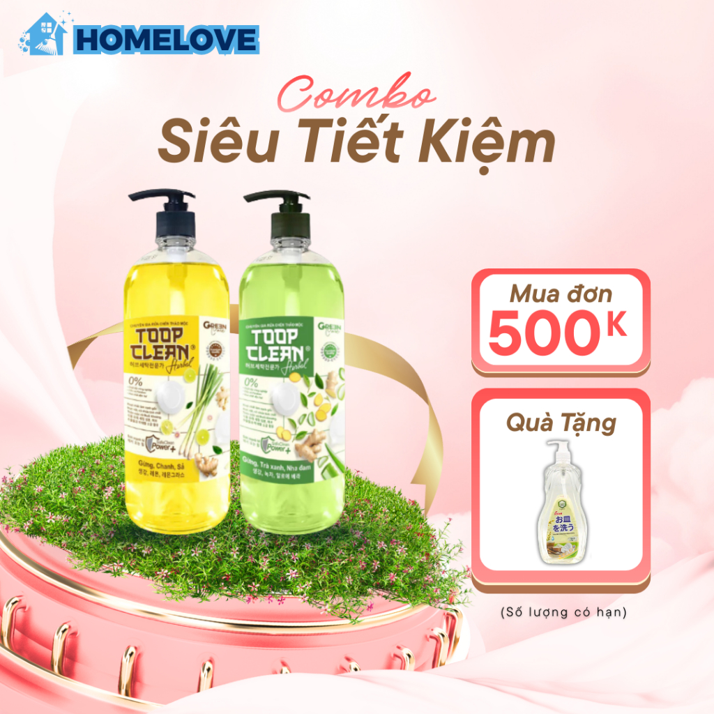 Chai Nước Rửa Chén Thảo Mộc Toop Clean 400g - Hương Gừng Chanh Sả/Gừng Trà Xanh Nha Đam