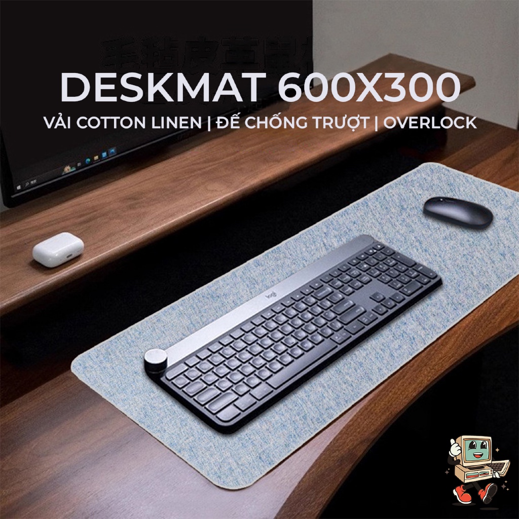 Tizo Computer Mousepad/Deskmat 600x300 4mm | Vải Cotton Linen | Đế Cao Su Chống Trượt | Overlock