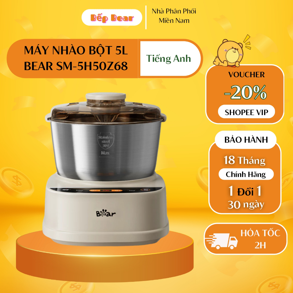 Máy Trộn Bột Bear 5L Inox 304 Ủ Bột Nhào Bột Nhồi Bột Công Suất Lớn Chống Dính Trộn Bột Làm Bánh SM-