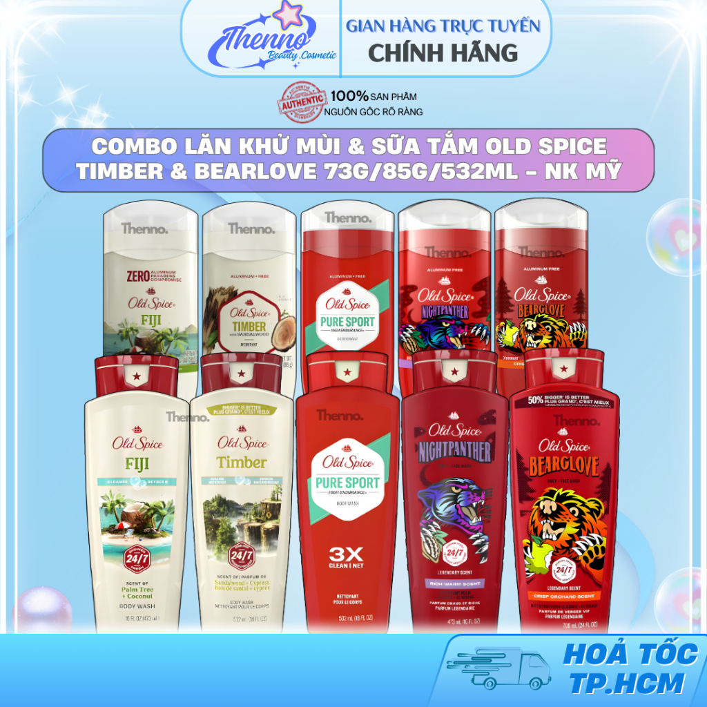 Combo Lăn Khử Mùi & Sữa Tắm Old Spice Timber & Bearlove 73g/85g/532ml - NK Mỹ