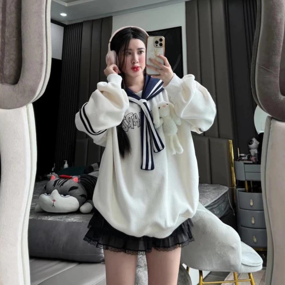 [ Tặng Kèm Thỏ Bông ] Áo swater nam nữ Thuỷ Thủ 2 kẻ Khăn nơ Unisex Thu Đông 2026