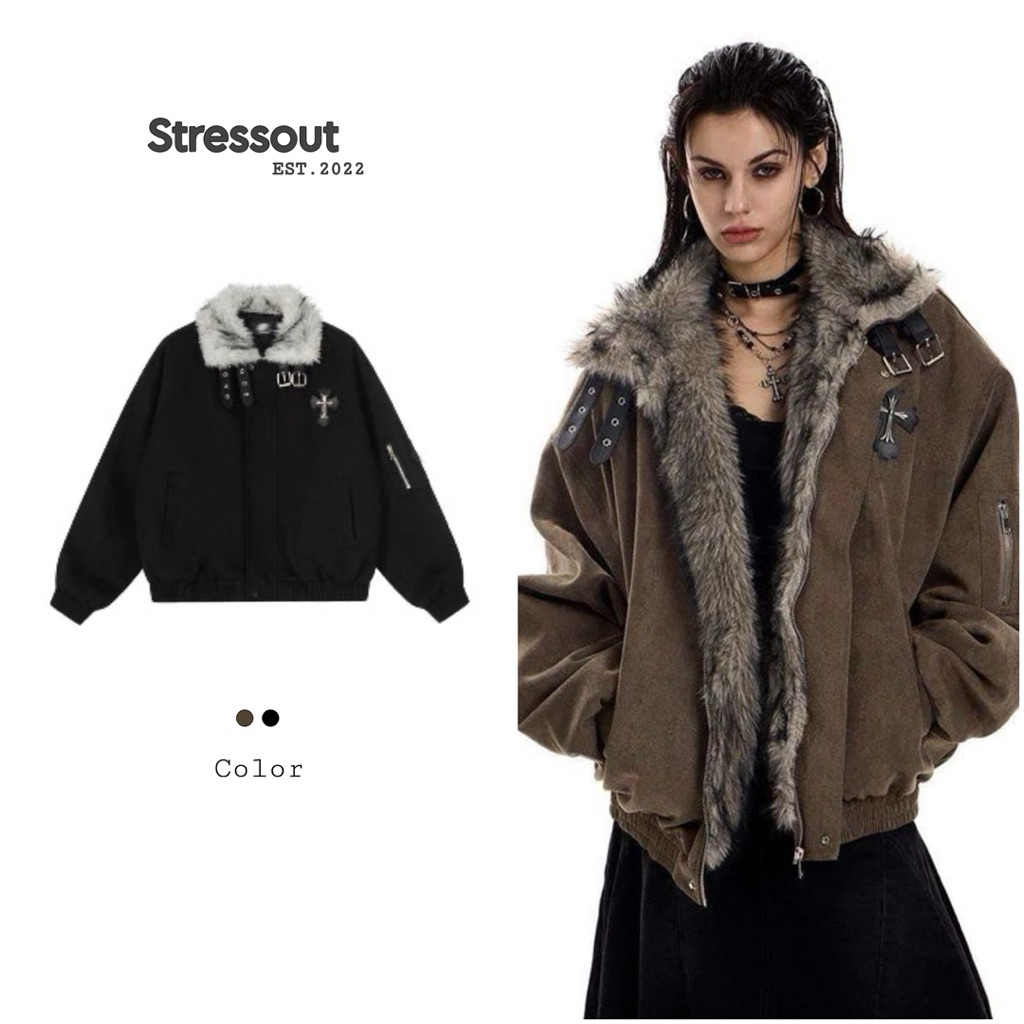 Áo Khoác Stressout Phối Lông Trần Bông Unisex Dáng Rộng Phong Cách Streetwear