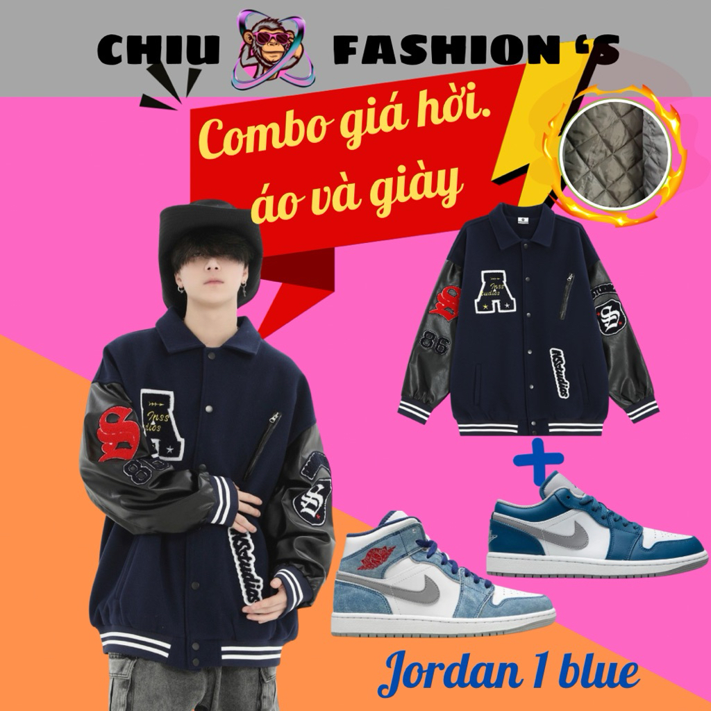 [ Combo Giá Hời ] Áo Khoác Varsity jacket chữ A chất dạ phối tay da và giày Sneaker nam nữ Jordan 1 