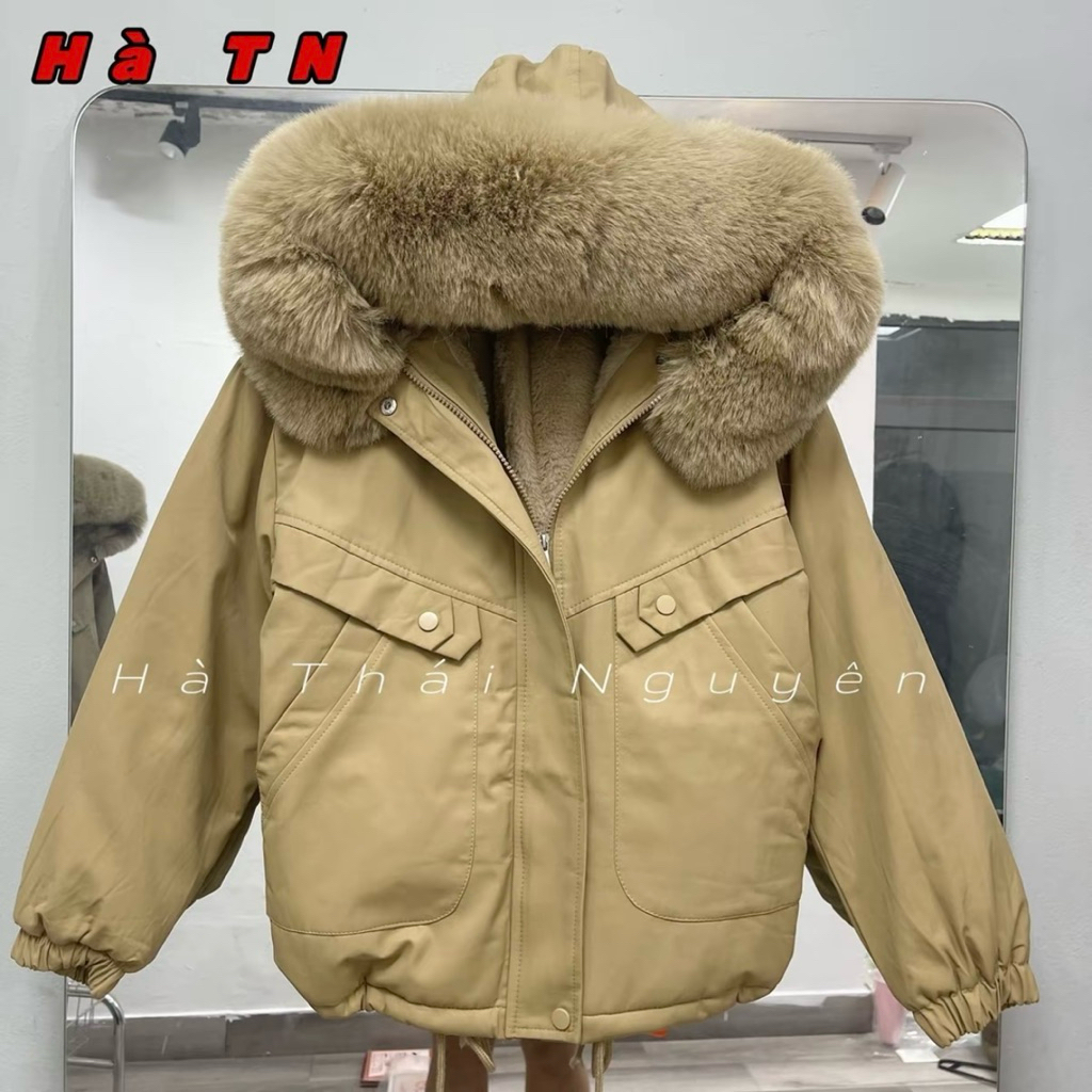 Áo Khoác KAKI Parka Dáng Ngắn Lót Lông Mùa Đông Mũ Lông Siêu To 2024 Mã K10
