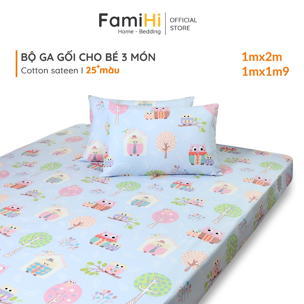 Set 3 món ga gối 1mx2m 1mx1m9 cho bé cotton sateen FamiHi cao cấp, họa tiết trẻ em đẹp dễ thương.