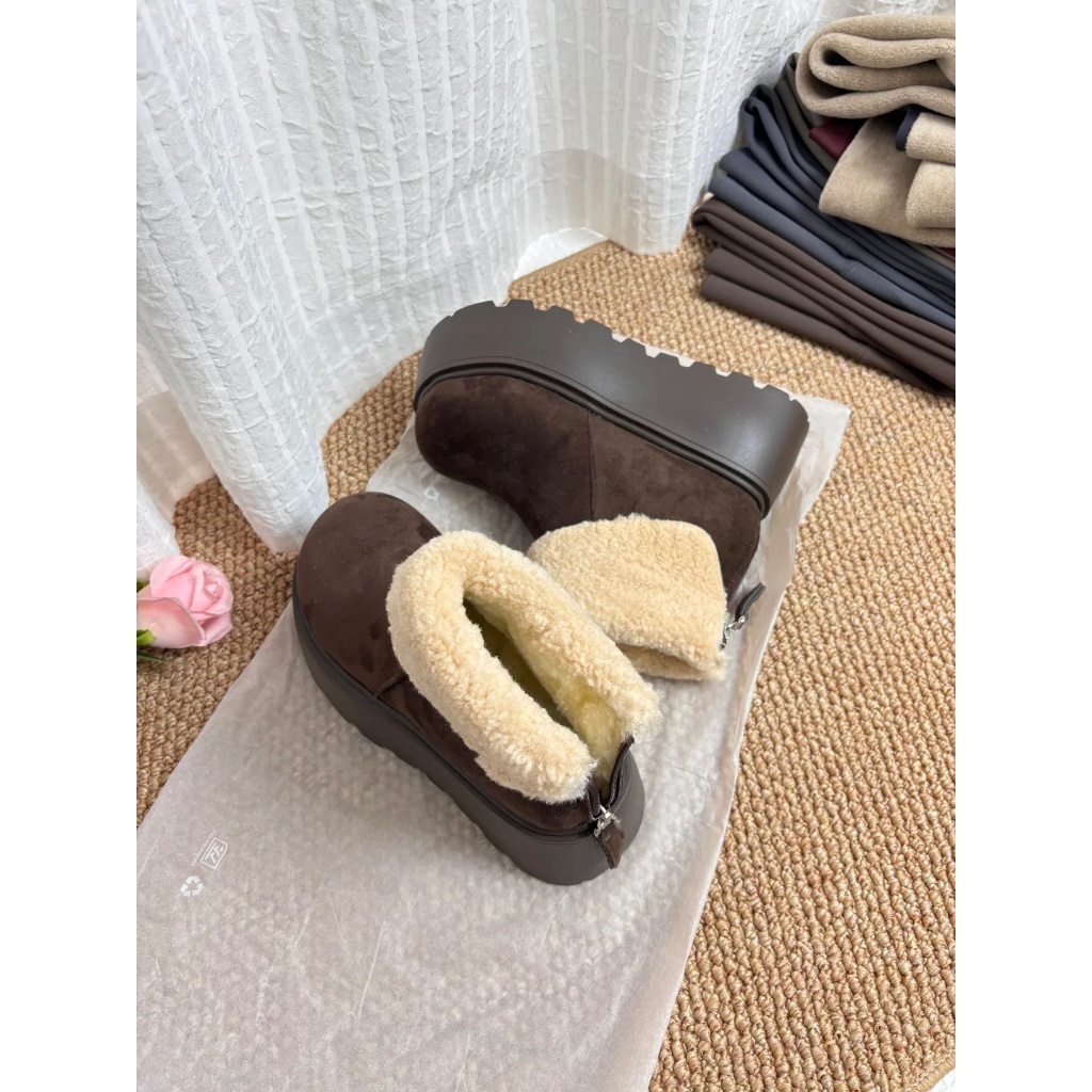 Boots Cổ Lông Ngắn Da Lộn Đế Cao 6cm, Giày Boots Nữ Mùa Đông Giữ Ấm, Dáng Basic Dễ Phối Đồ