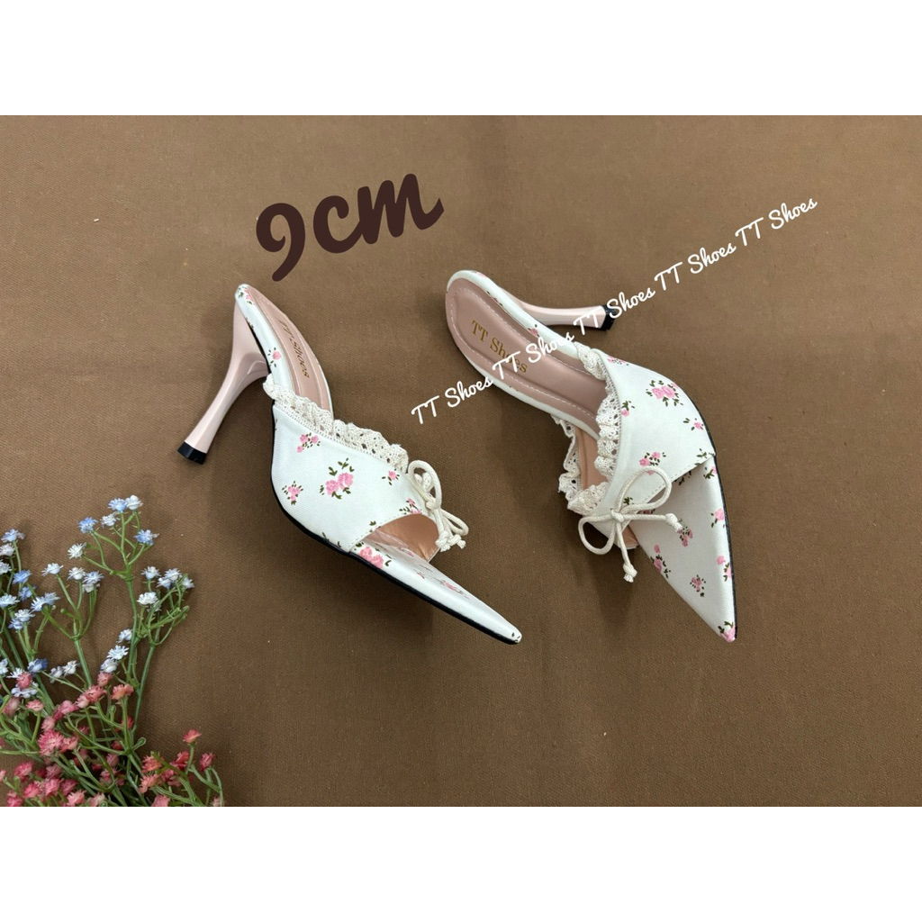 Dép cao gót 9cm phối ren mũi nhọn TT Shoes 9pren