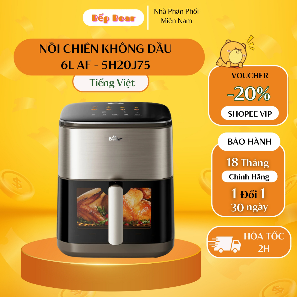 Nồi Chiên Không Dầu 6L Bear AF-5H20J75 Màn Hình Cảm Ứng Tiếng Việt - 2100W - Cửa Kính Trong Suốt - B