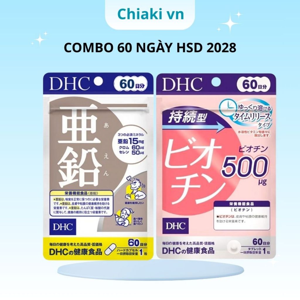 Combo viên uống DHC Biotin + DHC kẽm (ZinC) 60 ngày ngăn ngừa rụng tóc kích thích mọc tóc ngừa mụn