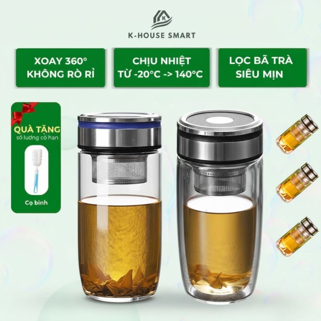 Bình pha trà siêu đẹp dày TAVO chịu nhiệt 2 lớp thủy tinh có lõi lọc trà inox sang trọng pha trà ngon K HOUSE SMART