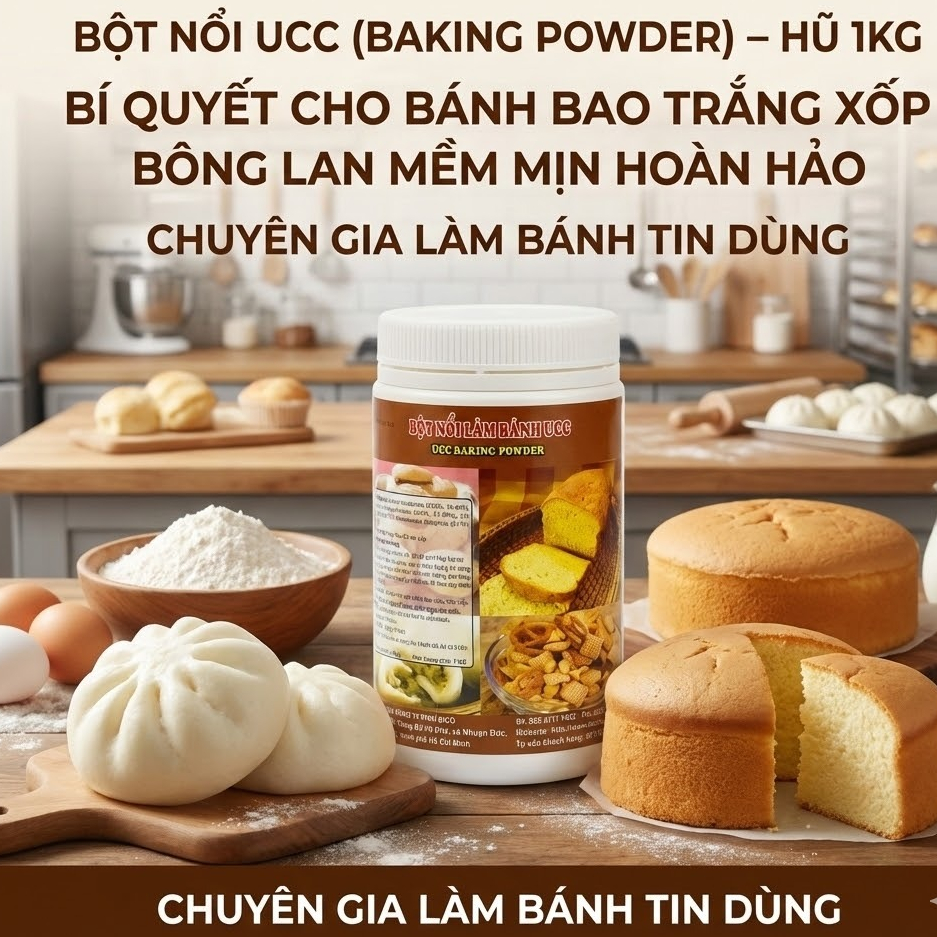 Bột nổi , bột nở , baking powder UCC - Hũ nhựa 1kg - làm bánh bao, bánh bông lan, cookies , cupcake